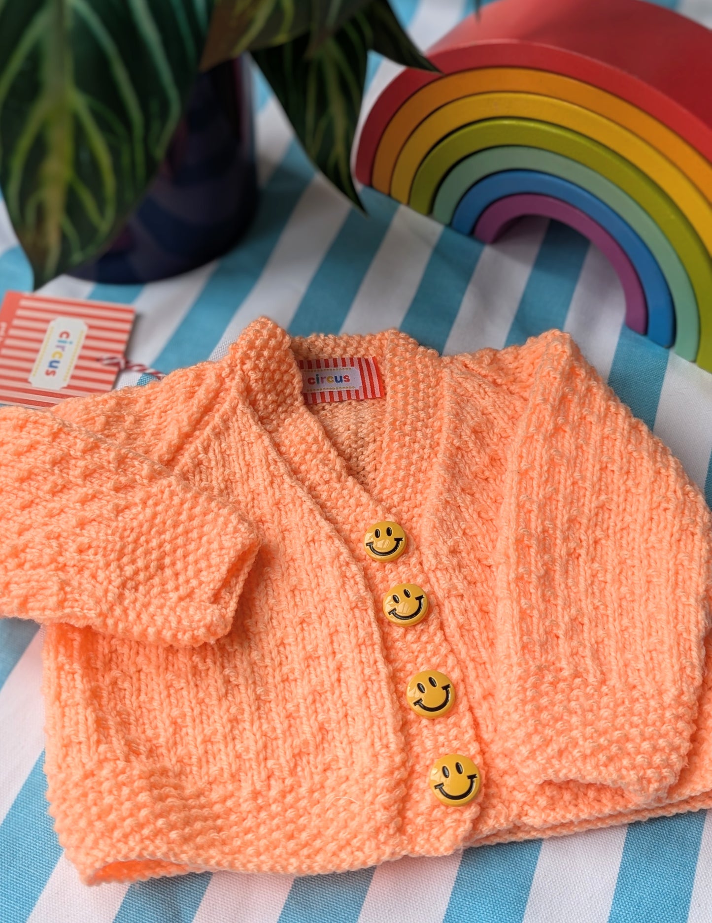 peach smiley cardigan, 3-6 months