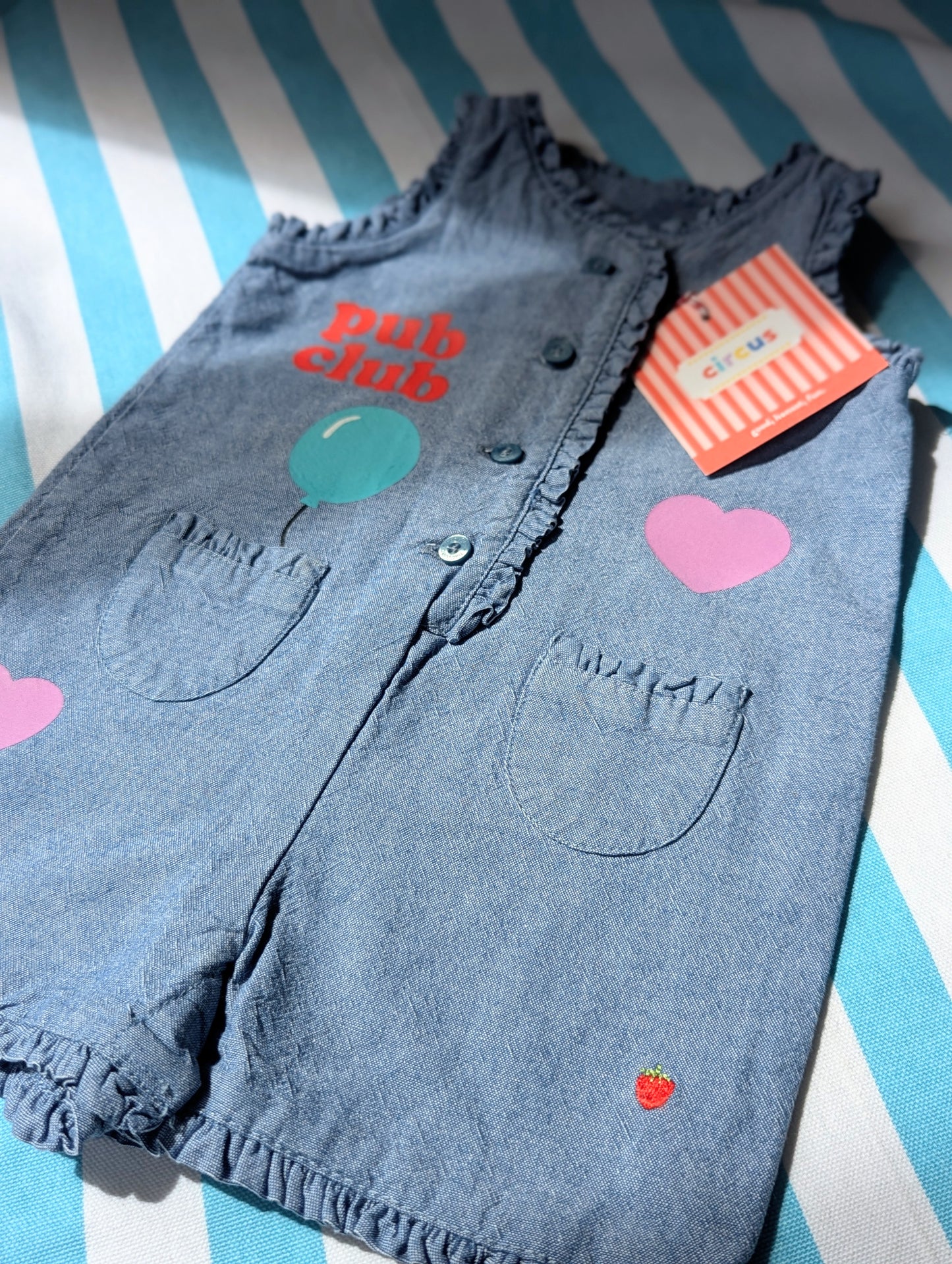 frilly romper with pub club design, 3 months