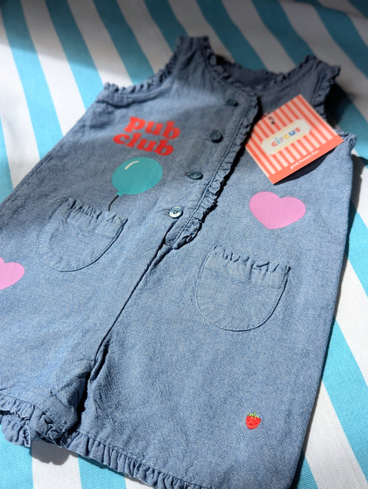 frilly romper with pub club design, 3 months